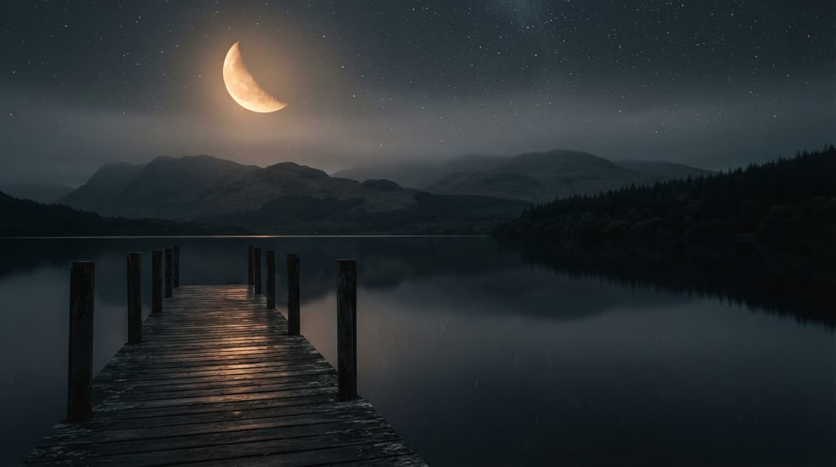 A still lake at night under a crescent moon
