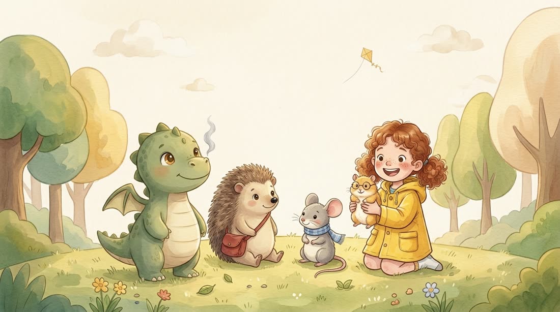 Watercolour illustration from Tales: Pip the dragon with friends